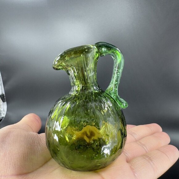 Hand Made Art Glass Green Optic Jug Miniature Pitcher Hand Blown Glass Decor VTG - Picture 11 of 14